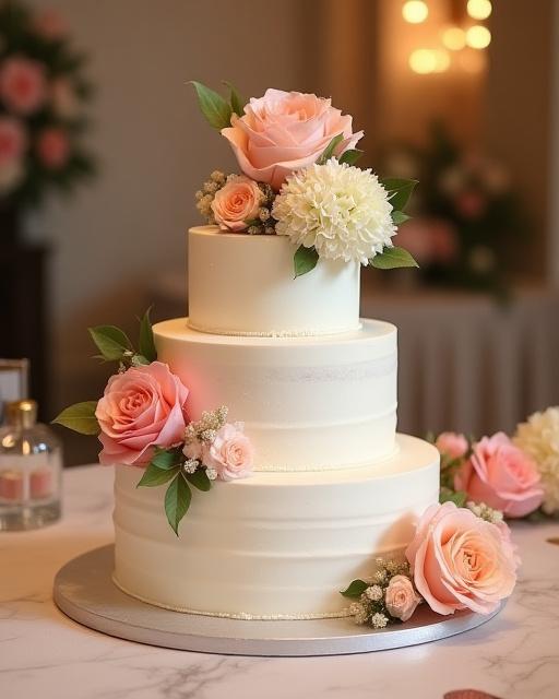 En elegant, tre-etasjers bryllupskake med blomsterdekor.